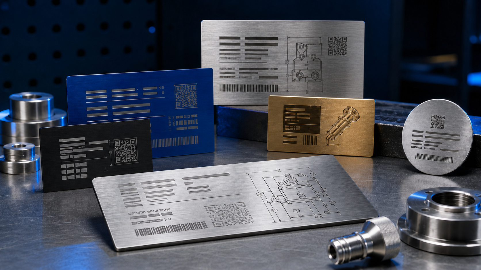 Engraved metal equipment tags and data plates without pre-drilled holes
